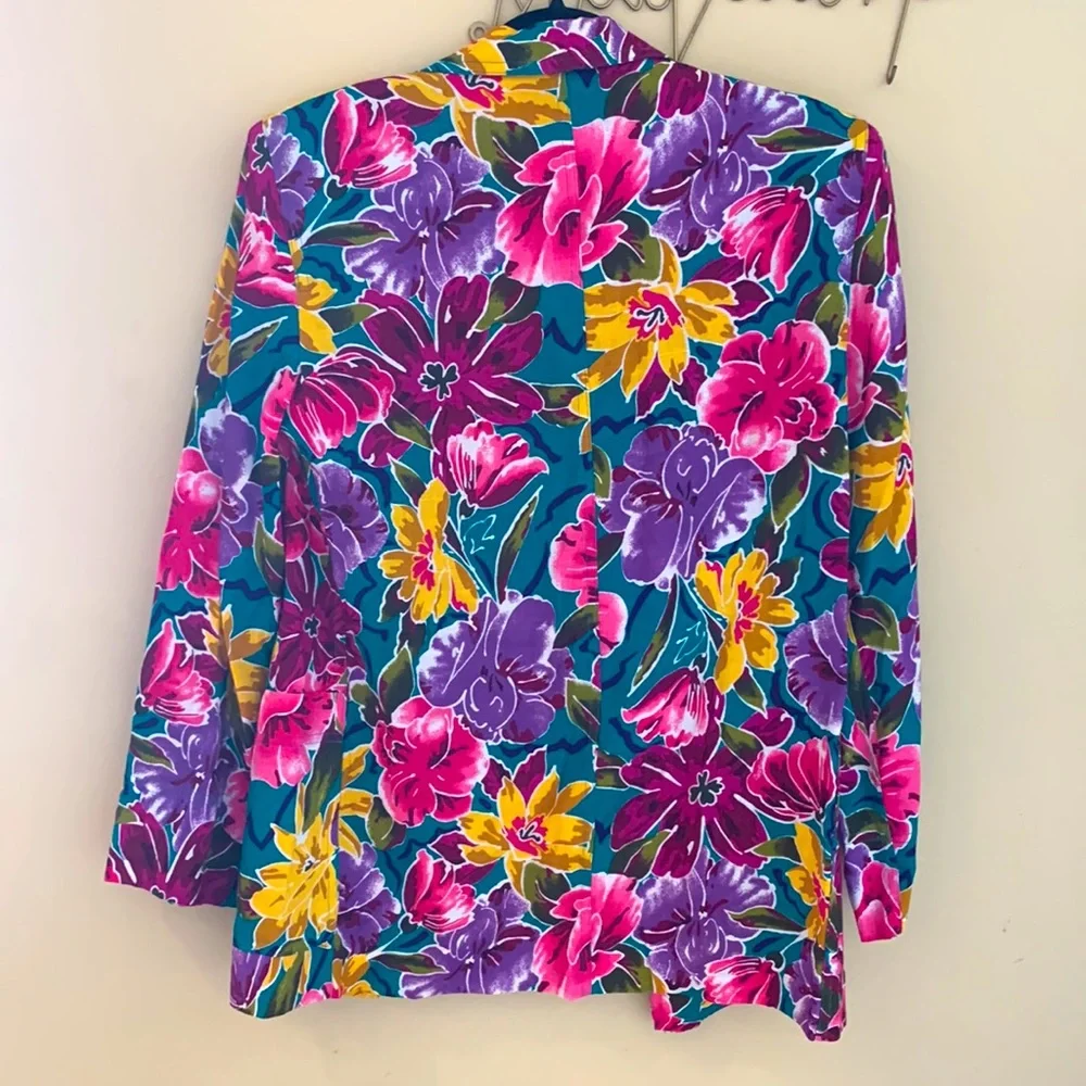 VGT Vintage Christian Dior Turquoise Vibrant Floral Blazer - Size 4